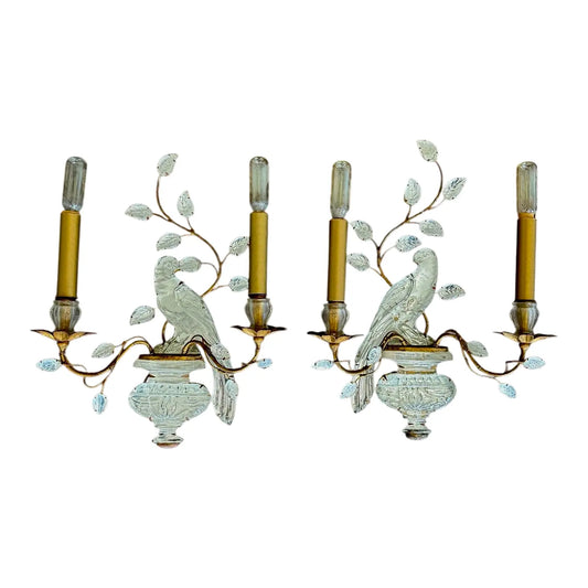 1930's Maison Baguès Rock Crystal Parrot and Urn Sconces