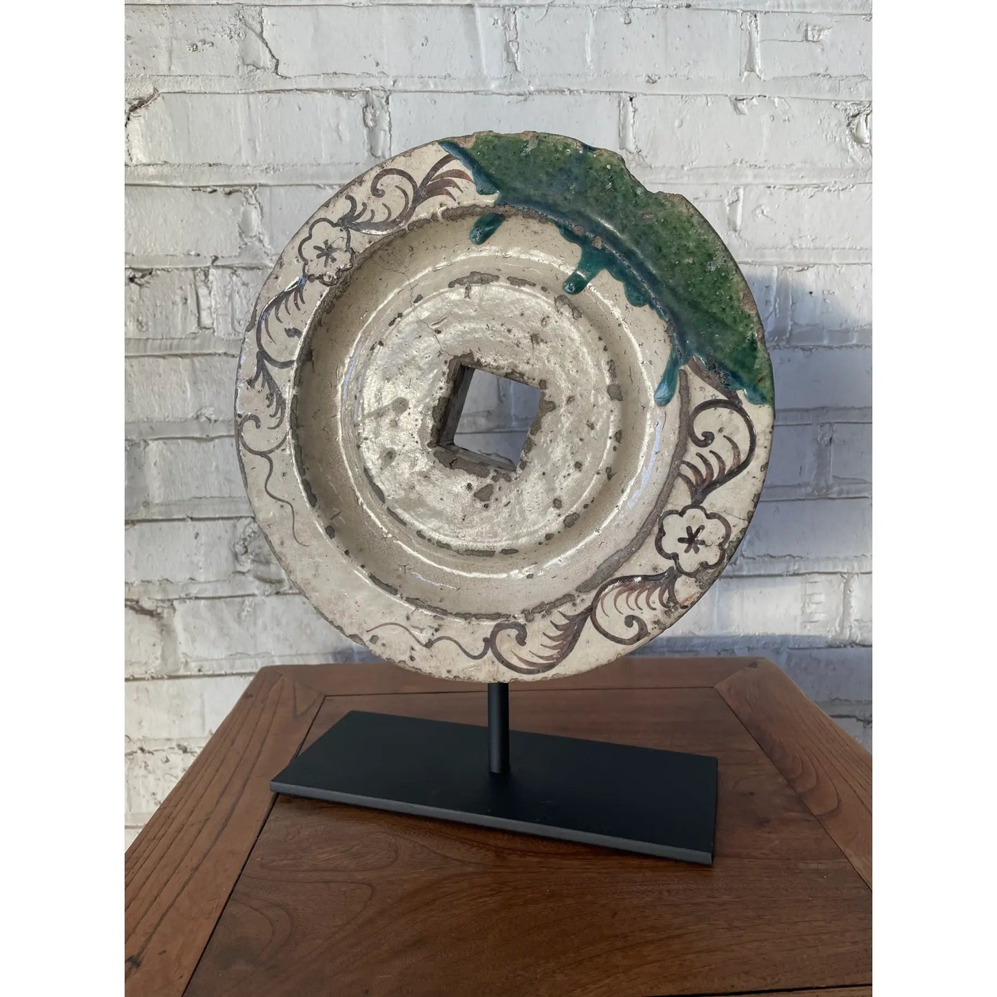 19th Century Japanese Oribe Ceramic Well Wheel Pully