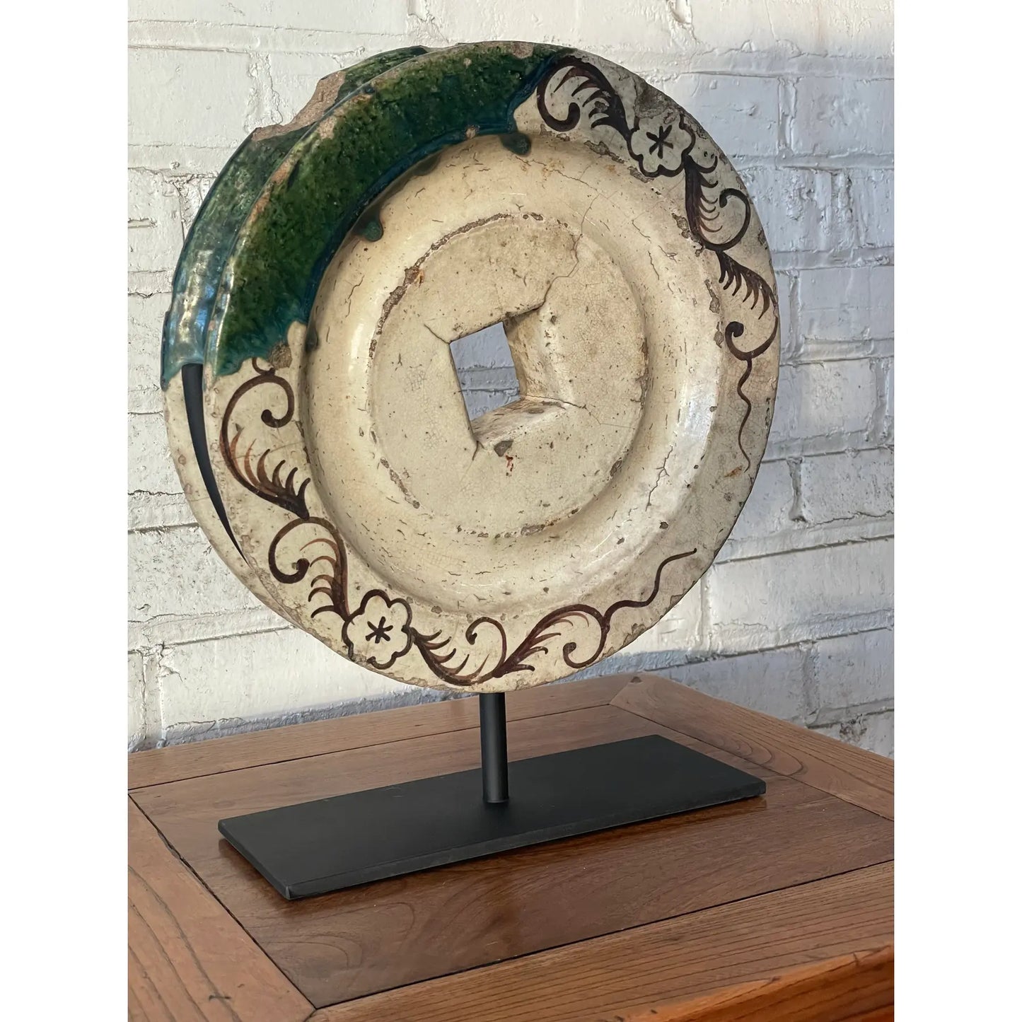 19th Century Japanese Oribe Ceramic Well Wheel Pully