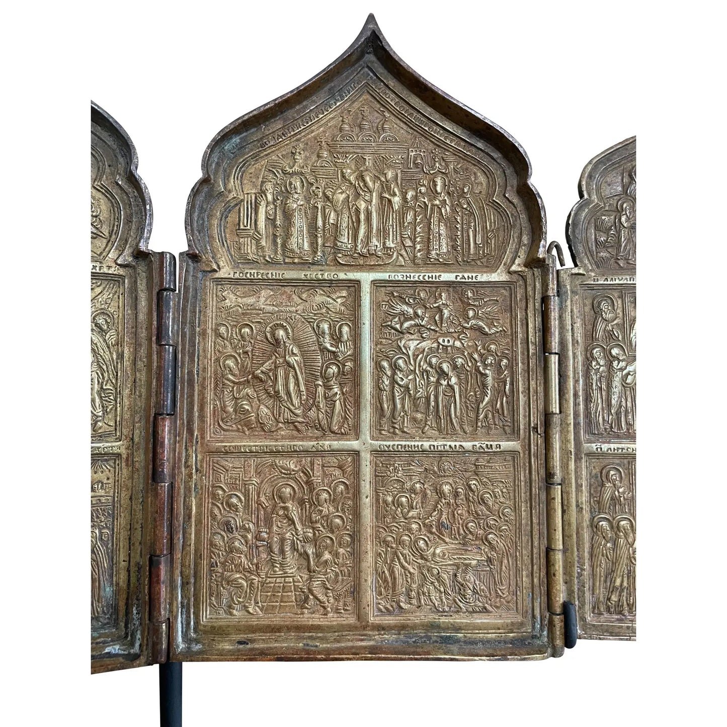 19th Century Russian Orthodox Folding Bronze Polyptych Icon