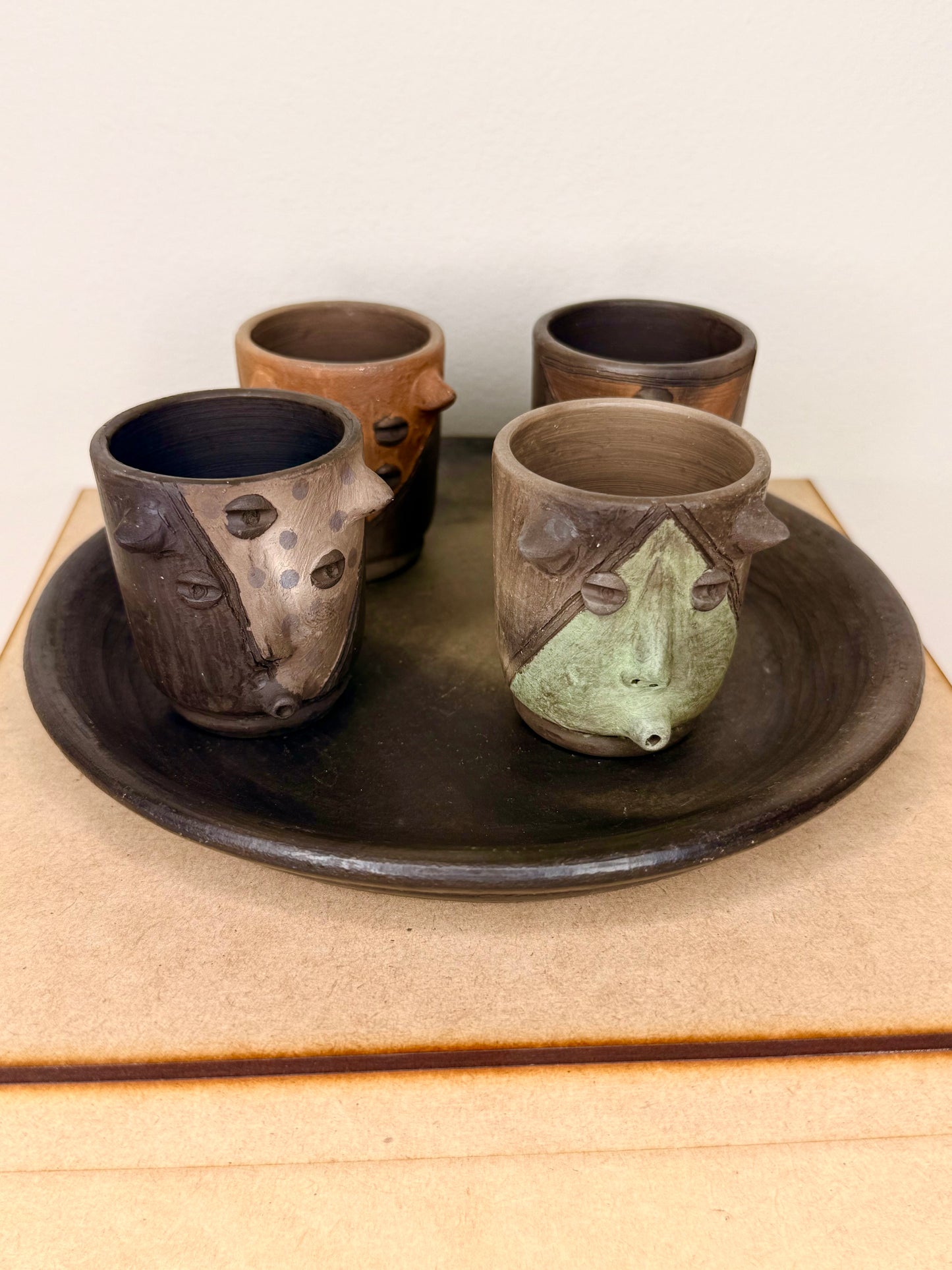 Mexican Surrealist Mezcal Clay Shot Glasses and Tray
