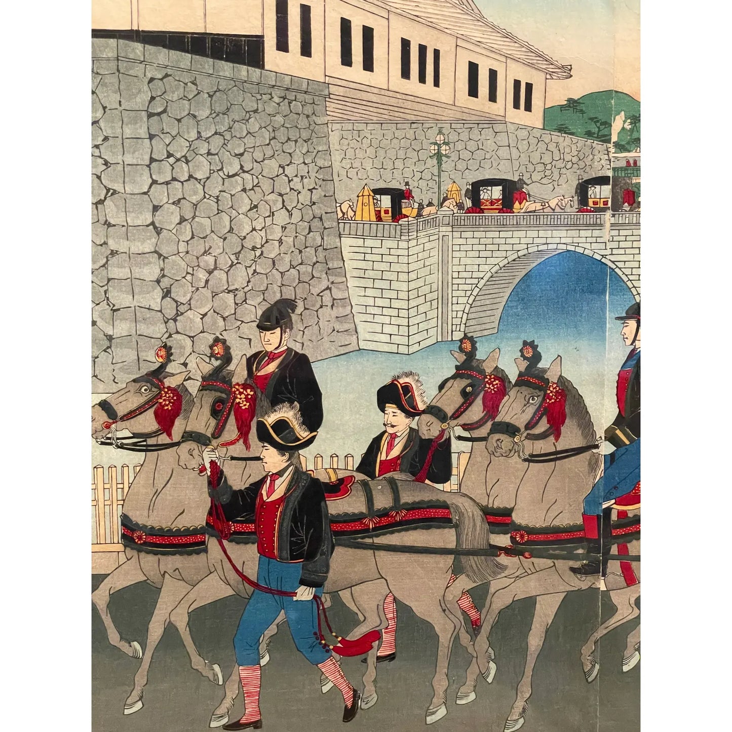 Japanese Woodblock Triptych Imperial Phoenix Carriage Leaving the Palace by Kojima Shōgetsu, 1889