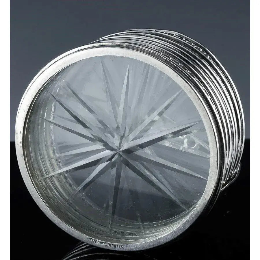Art Deco Sterling Silver and Cut Glass Coaster Set