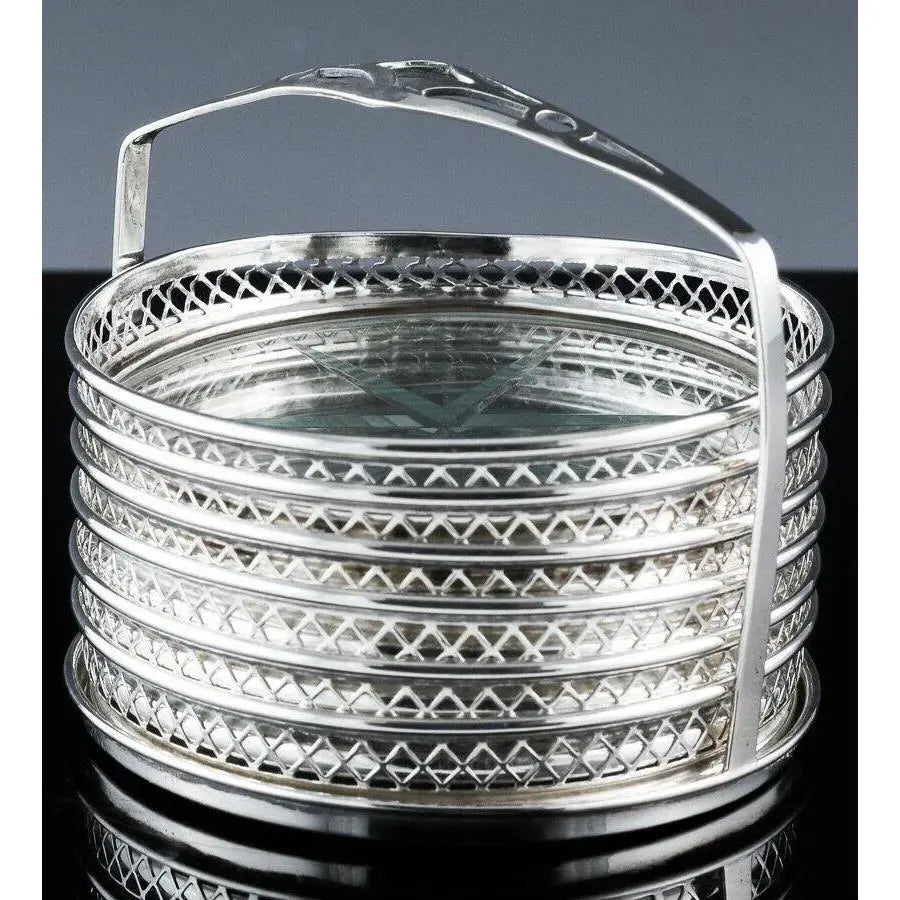 Art Deco Sterling Silver and Cut Glass Coaster Set