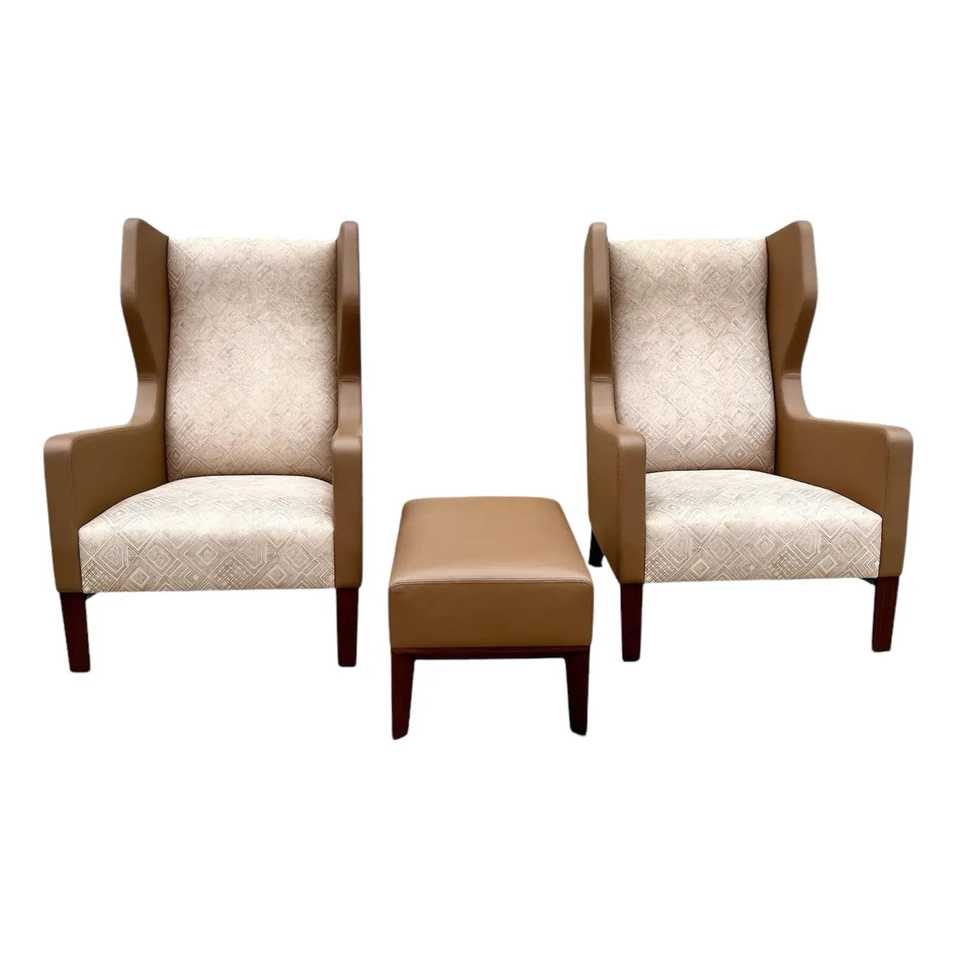 Holly Hunt Darder Leather Wingback Chairs and Ottoman