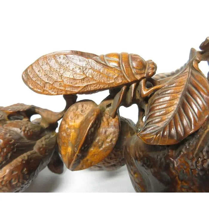 Vintage Japanese Shōwa Carved Boxwood Okimono With Cicada