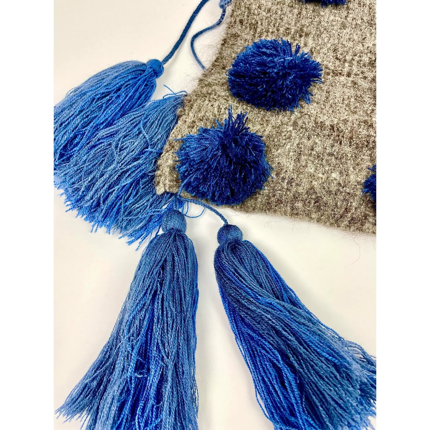 Mexican Blue and Gray Wool Pompom Chamula Shawl Blanket