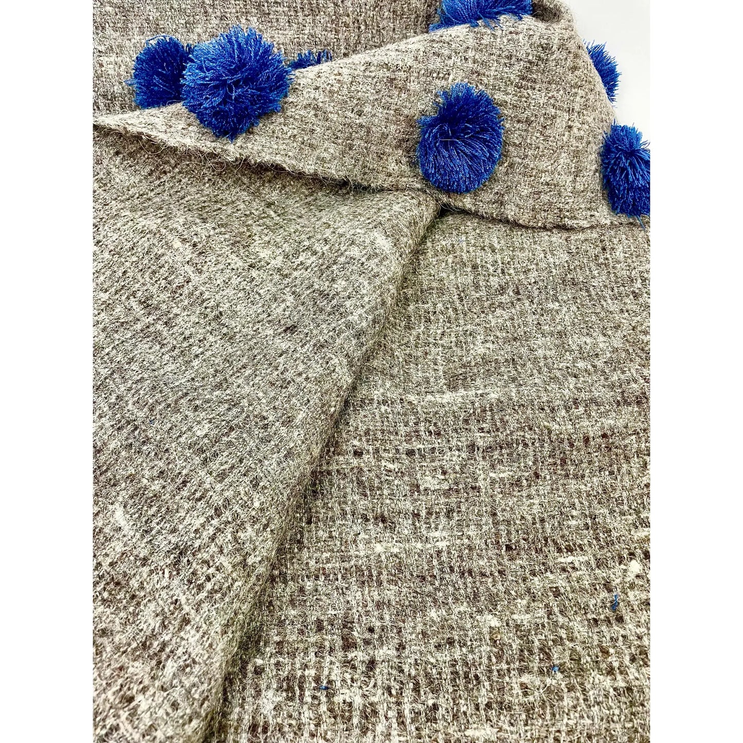 Mexican Blue and Gray Wool Pompom Chamula Shawl Blanket