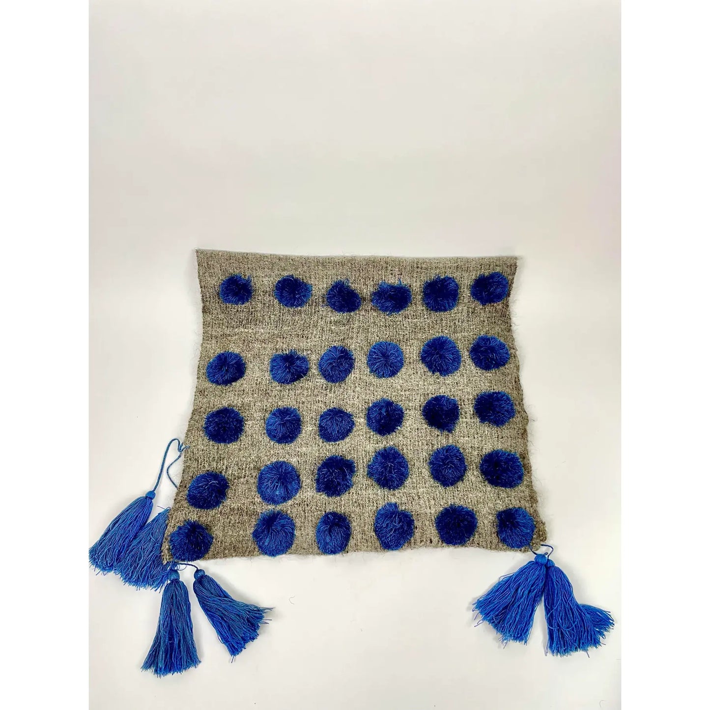 Mexican Blue and Gray Wool Pompom Chamula Shawl Blanket