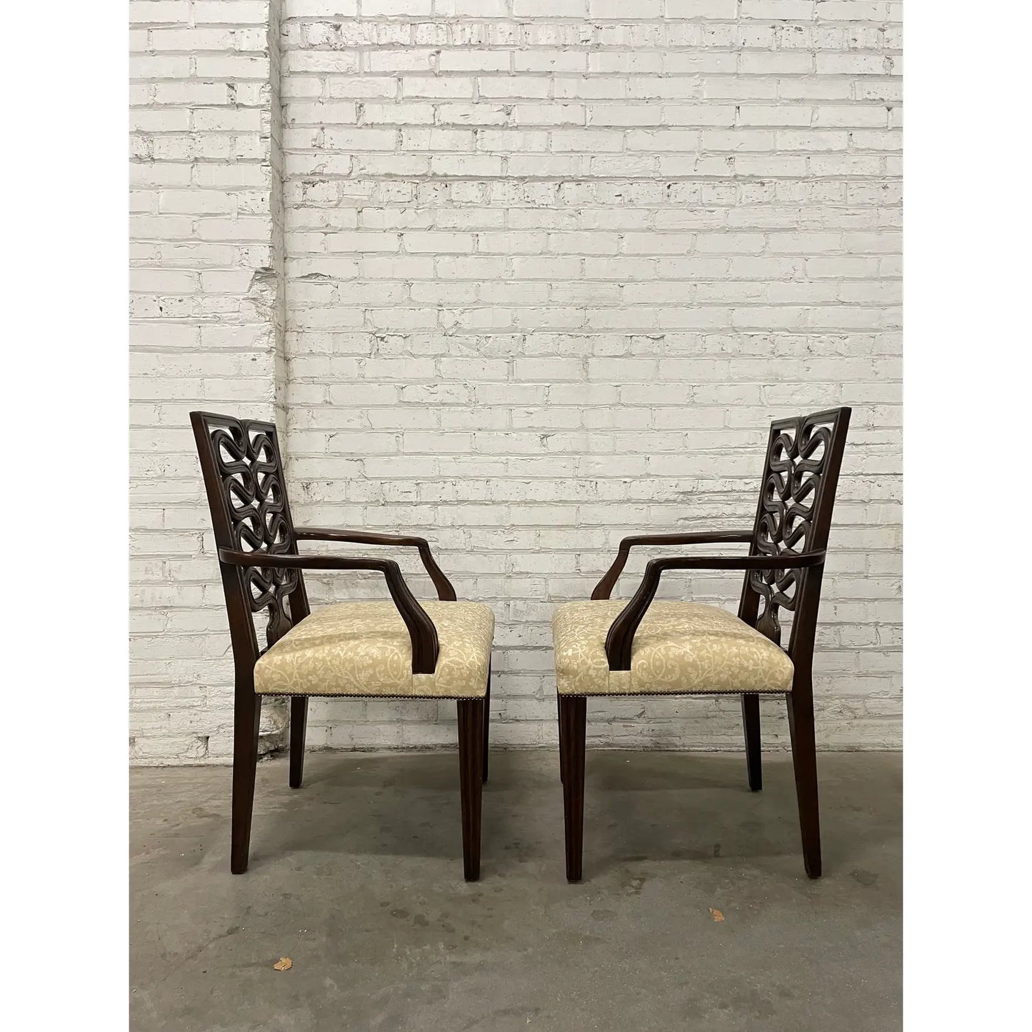 Dessin Fournir Ribbon Back Carved Walnut Arm Chairs
