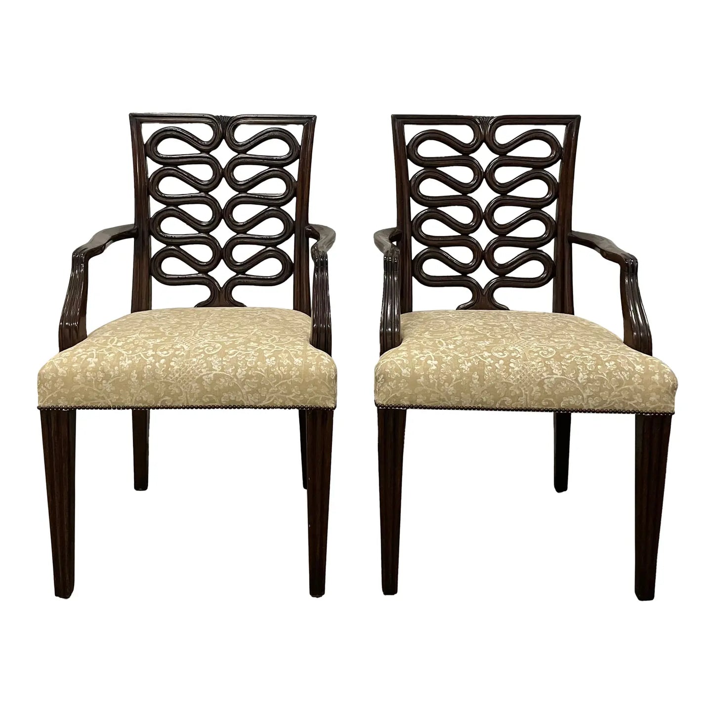Dessin Fournir Ribbon Back Carved Walnut Arm Chairs