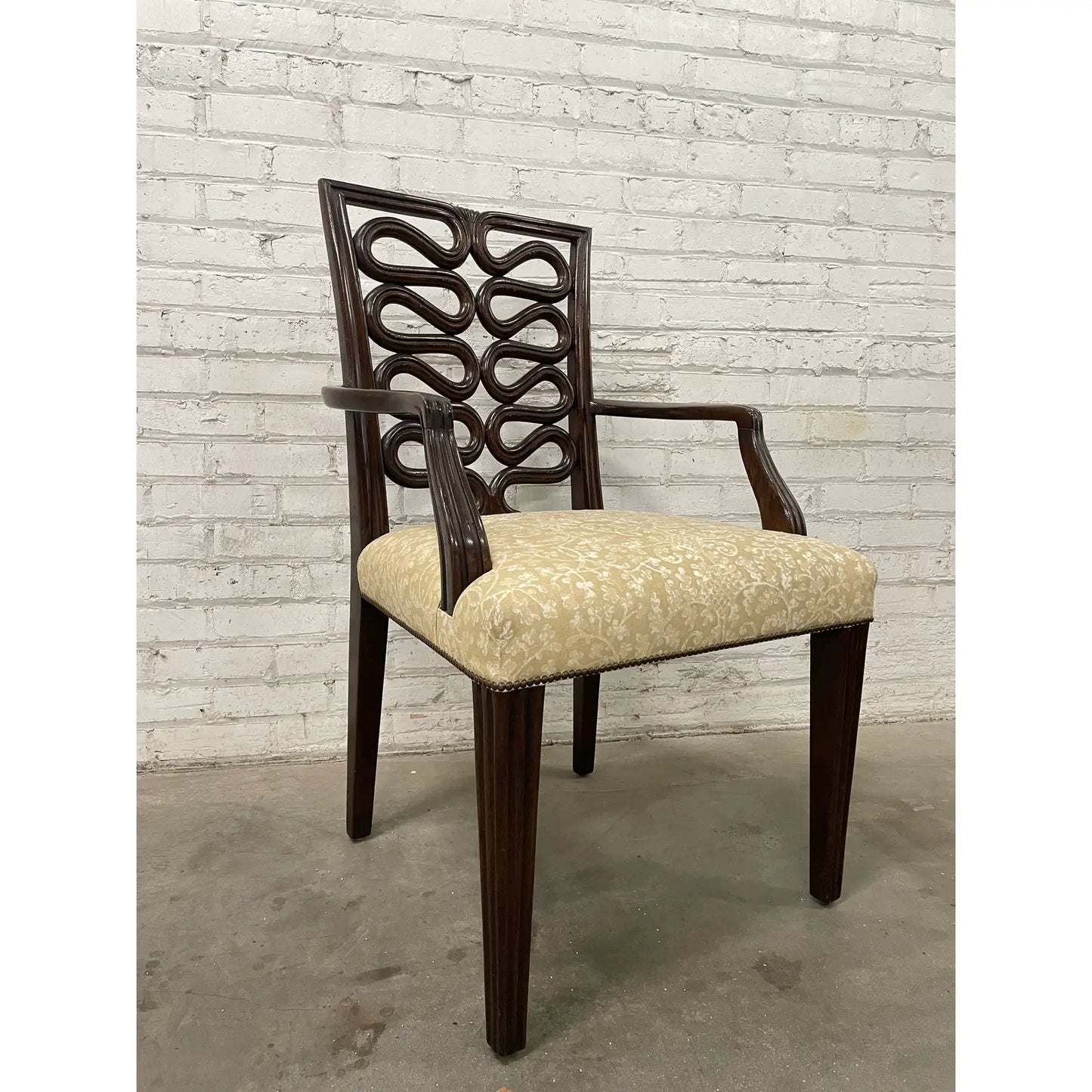 Dessin Fournir Ribbon Back Carved Walnut Arm Chairs