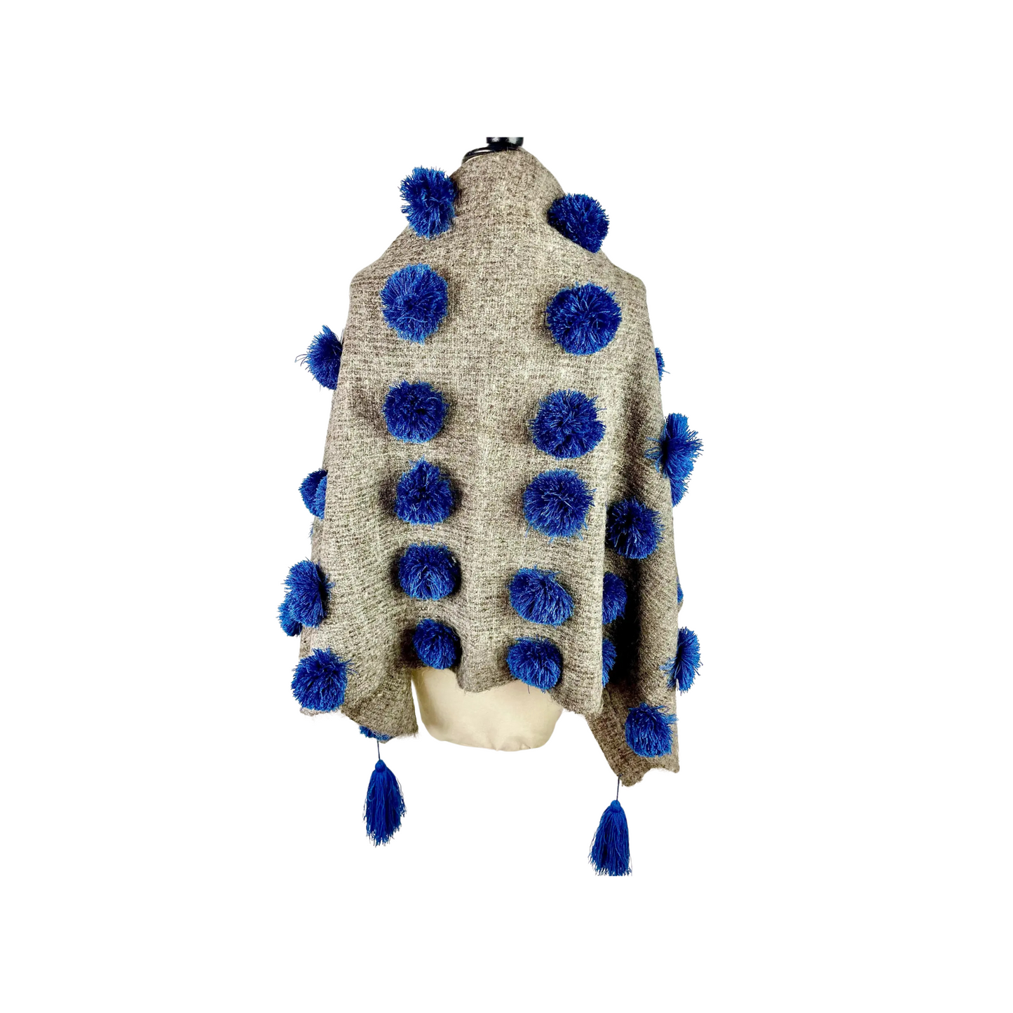 Mexican Blue and Gray Wool Pompom Chamula Shawl Blanket