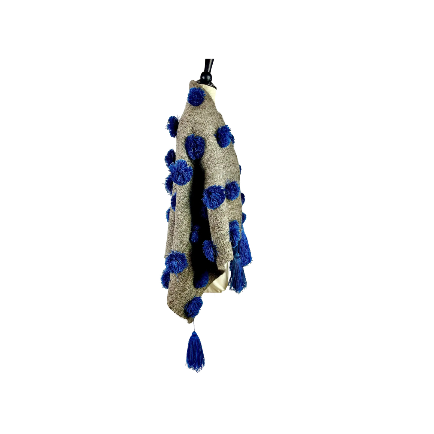 Mexican Blue and Gray Wool Pompom Chamula Shawl Blanket