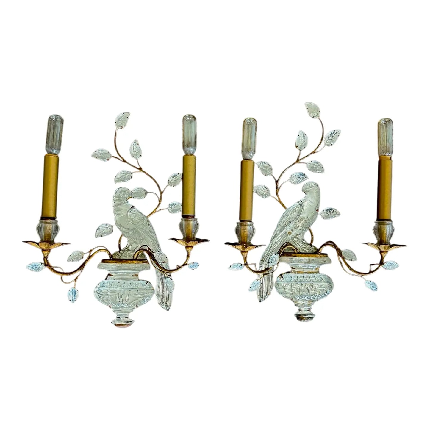1930's Maison Baguès Rock Crystal Parrot and Urn Sconces