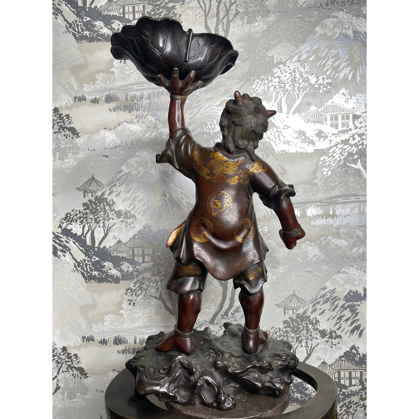 19th Century Japanese Meiji Gilt Bronze Oni With Lotus