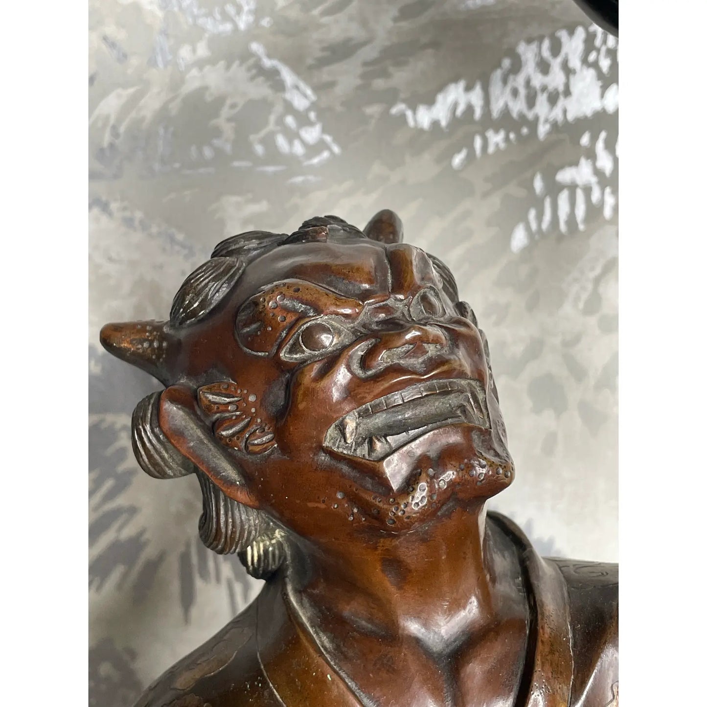 19th Century Japanese Meiji Gilt Bronze Oni With Lotus