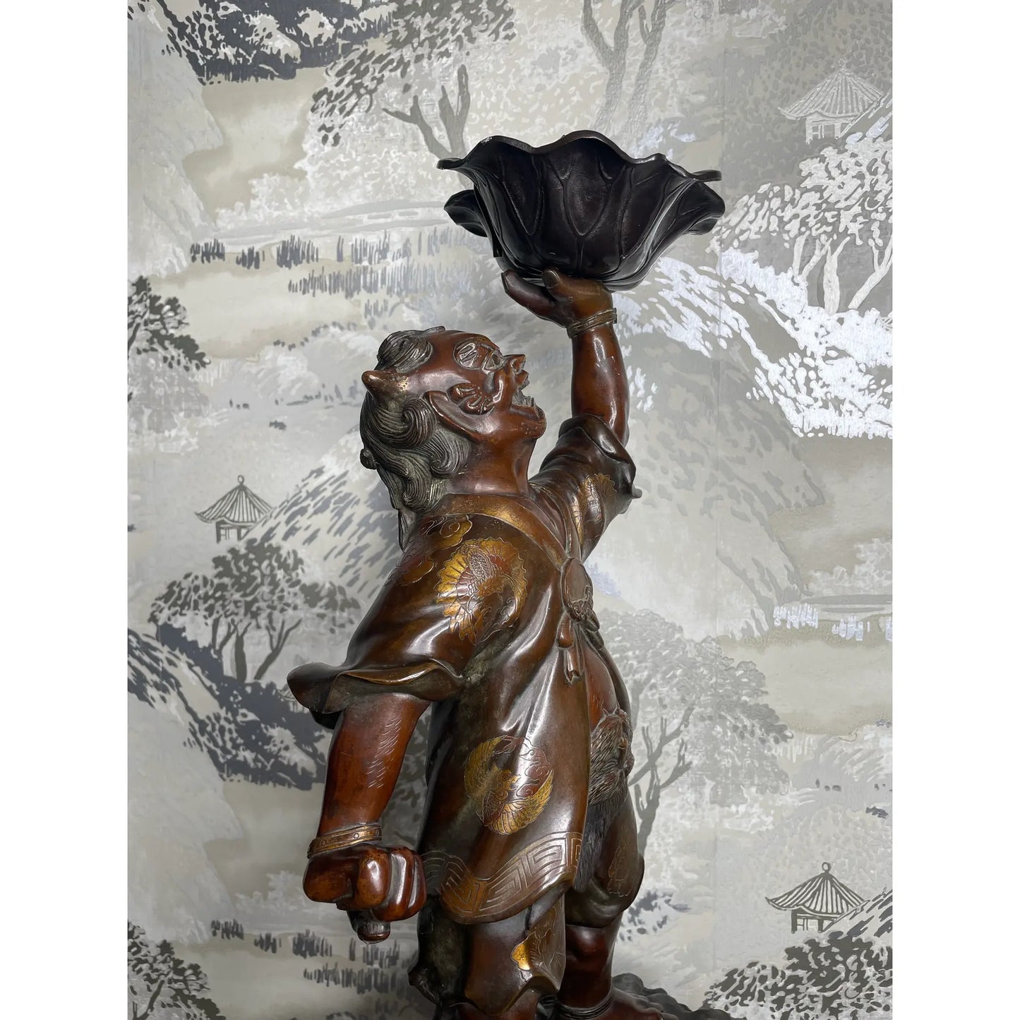 19th Century Japanese Meiji Gilt Bronze Oni With Lotus