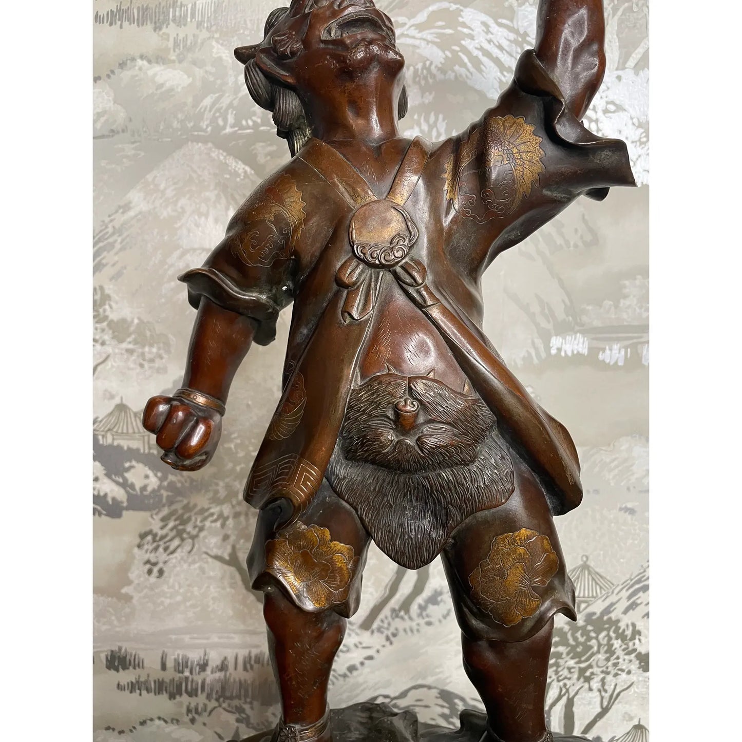 19th Century Japanese Meiji Gilt Bronze Oni With Lotus