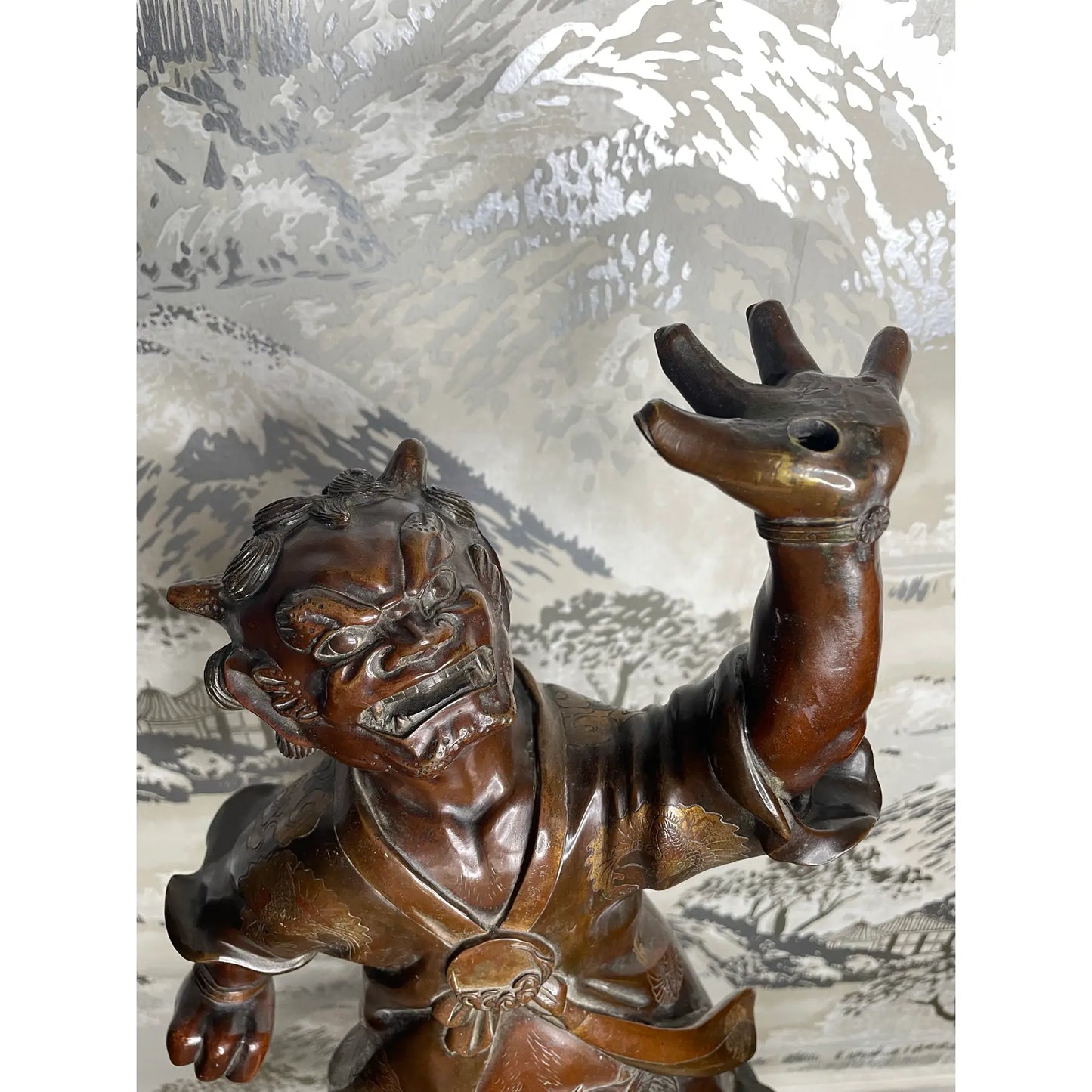 19th Century Japanese Meiji Gilt Bronze Oni With Lotus