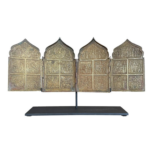 19th Century Russian Orthodox Folding Bronze Polyptych Icon