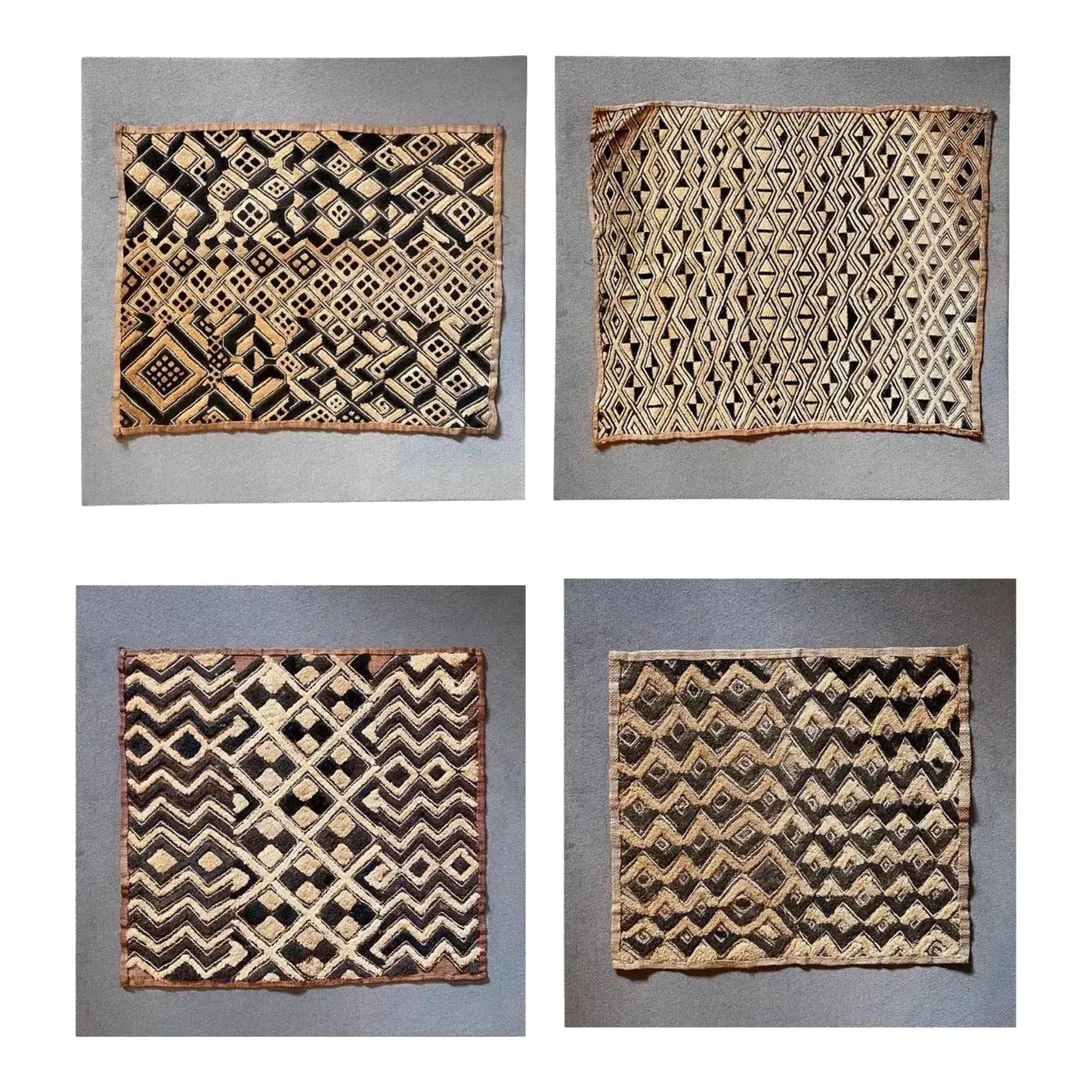 A Set of African Kuba Shoowa Mounted Cloth Woven Panels