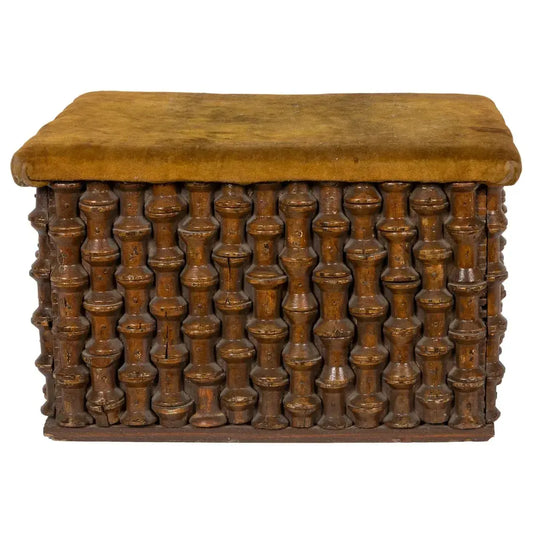 American Folk Tramp Art Spool Ottoman