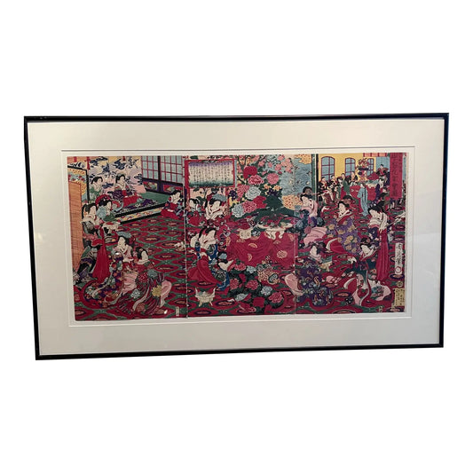 Japanese Meiji Woodblock Triptych Feast at the Gakushuin by Chikanobu Toyohara, 1879