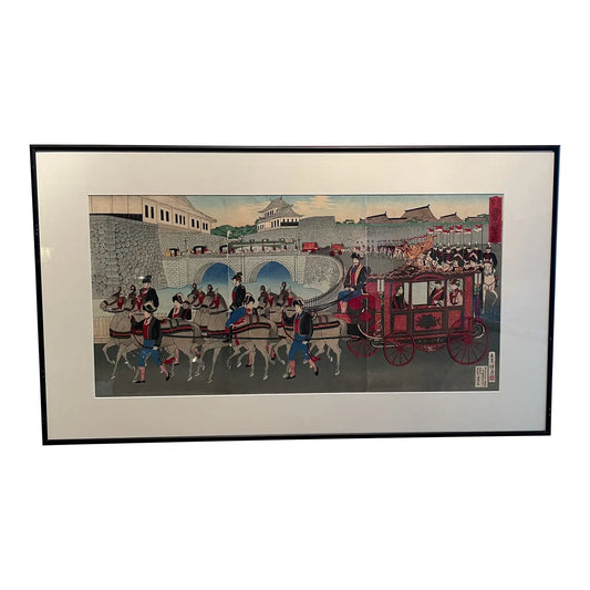 Japanese Woodblock Triptych Imperial Phoenix Carriage Leaving the Palace by Kojima Shōgetsu, 1889