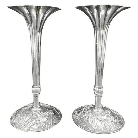 Japanese Art Nouveau Sterling Iris Trumpet Vases