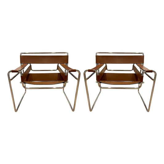 Marcel Breuer Wassily B3 Leather and Chrome Lounge Chairs