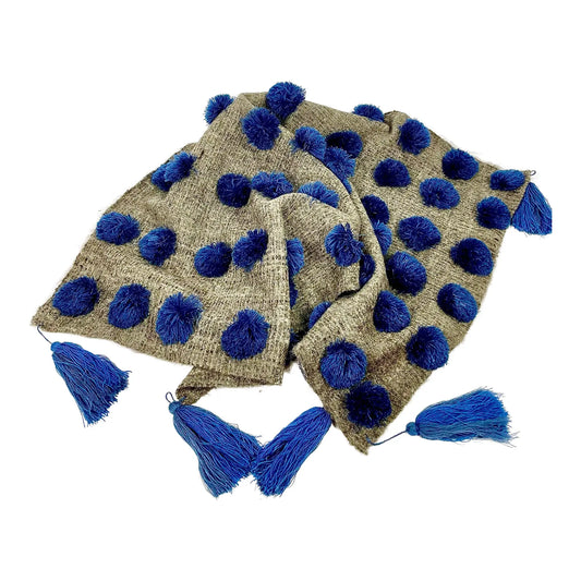 Mexican Blue and Gray Wool Pompom Chamula Shawl Blanket
