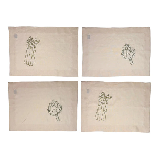 Mexican Embroidered Linen Placemats With Asparagus and Artichokes