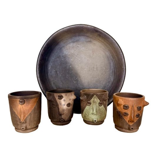Mexican Surrealist Mezcal Clay Shot Glasses and Tray