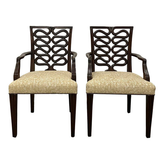 Dessin Fournir Ribbon Back Carved Walnut Arm Chairs